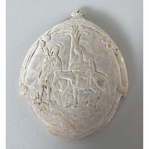 Vtg Hand Carved Nativity Scene Mother Of Pearl Pendant Necklace Shell Religious